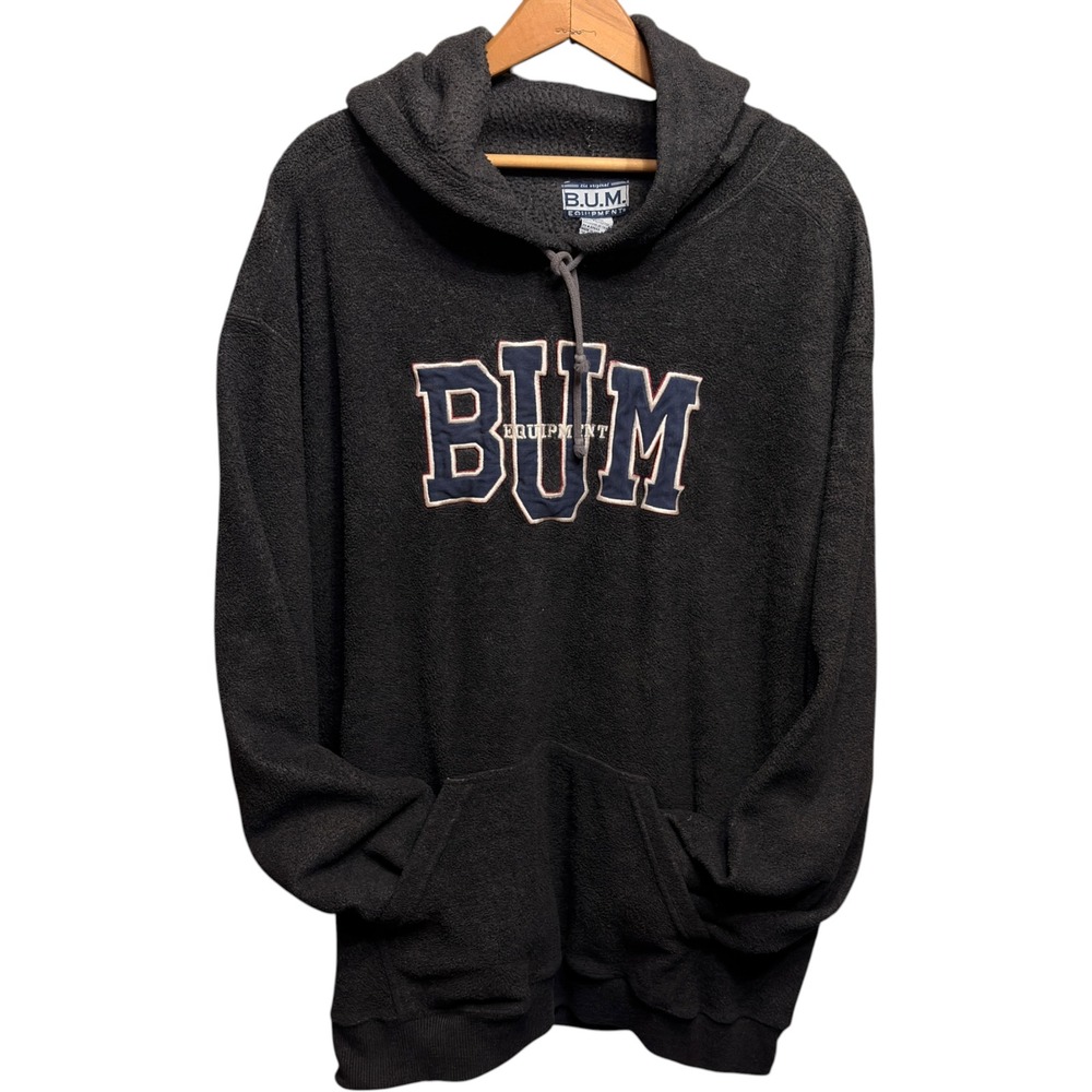 Vintage 90s B.U.M. Equipment Fleece Hoodie Charcoal Black XXL Embroidered Logo